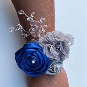 Royal blue and Silver / Boutonniere/ prom/ wedding/ bride to be/ bridesmaid/wrist corsage Royal blue  and silver