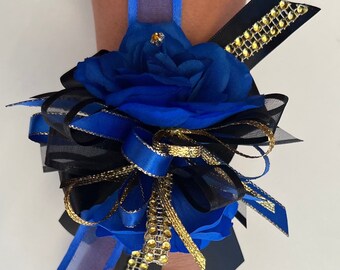 Royal blue and black/   wrist corsage  with Boutonniere,Wrist corsage, Corsage Prom/Royal blue wrist corsage/Prom Wrist corsage