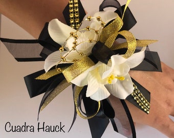 Gold and Black Wrist corsage/Black and gold corsage, Prom corsage/ Prom corsage/ wedding/maid of honor