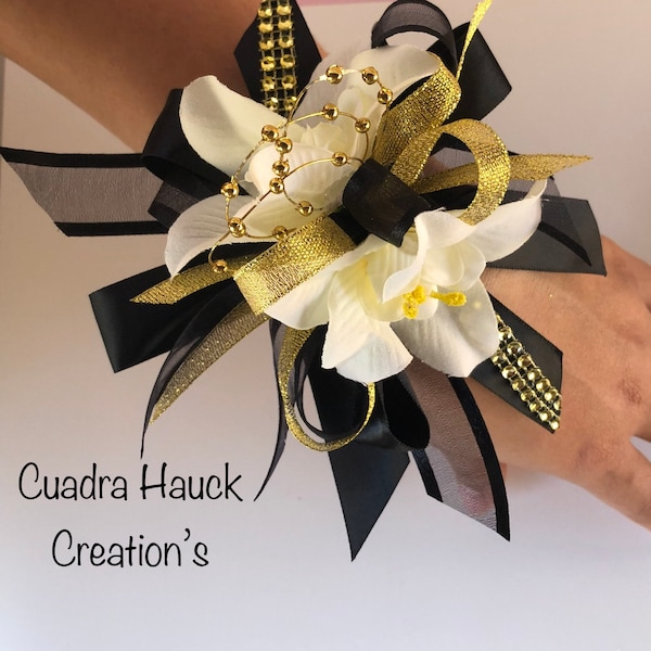 Gold and Black Wrist corsage/Black and gold corsage, Prom corsage/ Prom corsage/ wedding/maid of honor