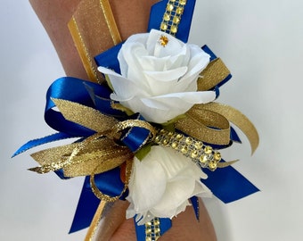 wrist corsage/ royal blue/ gold / Prom corsage/ wedding/maid of honor/ homecoming/wrist corsage and Boutonniere