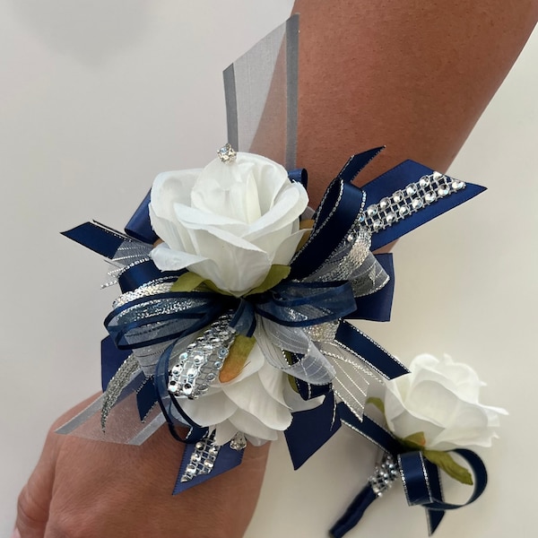 Wrist corsage/prom wrist corsage/ navy blue and Gray wrist corsage/ Prom wrist Corsage/ navy blue wrist corsage
