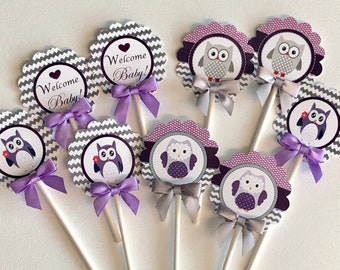 Owl purple and gray  cupcake toppers/ Owl  cupcake toppers/ baby shower cupcake toppers/Owl cupcake toppers