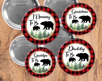 plaid bear/ buffalo plaid/ Deer/ woodland/ baby shower/ oh boy/lumberjack/ buffalo/forest/plaid trees/forest/ pins buttons