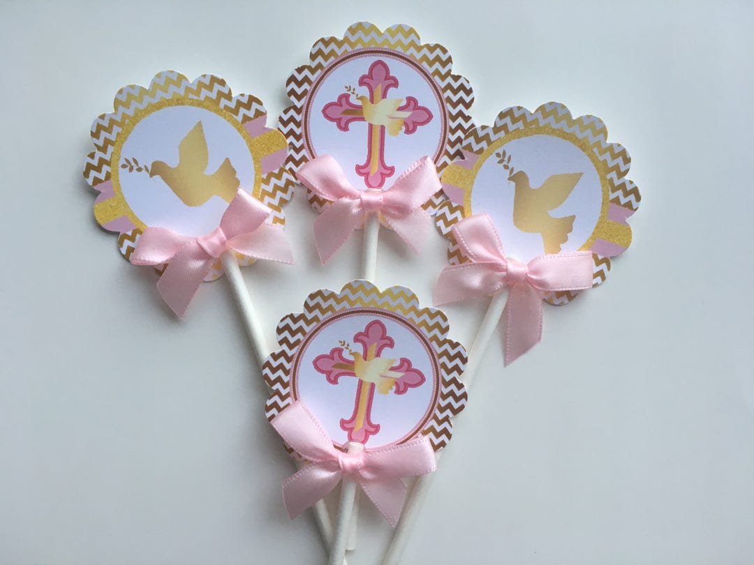 Baptism Cupcake Toppers/ Light Pink and Gold Baptism Cupcake Toppers