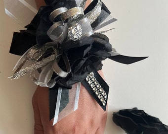 Wrist  Corsage/ prom corsage/black and silver/corsage/ wrist corsage/ prom wrist corsage/bridesmaids/wedding/wrist corsage and boutoniere