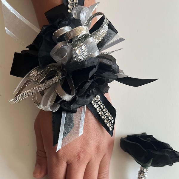 Wrist  Corsage/ prom corsage/black and silver/corsage/ wrist corsage/ prom wrist corsage/bridesmaids/wedding/wrist corsage and boutoniere