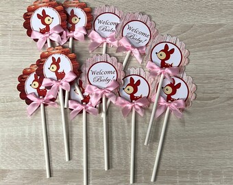 Deer cupcake toppers/ Deer/ Deer baby shower/  Cupcake toppers/ Pink and brown Deer / Baby Deer/ woodland cupcake toppers/ Woodland