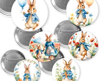 Peter Rabbit/ rabbit pins buttons/ bunny pins buttons/ birthday party buttons/Bunnies
