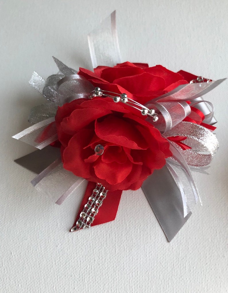 Red and Silver / Prom corsage/ prom wrist corsage/ wrist corsage/ prom wrist corsage/ wedding/ prom image 2
