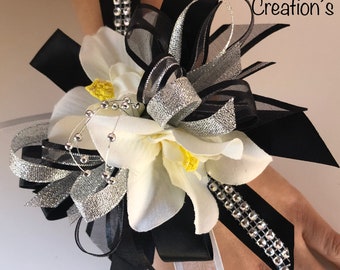 Silver and Black Wrist corsage/Black and silver corsage/ Prom corsage/ black and Silver