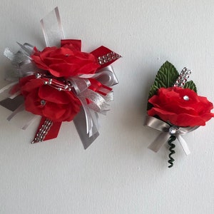 Red and Silver / Prom corsage/ prom wrist corsage/ wrist corsage/ prom wrist corsage/ wedding/ prom image 3