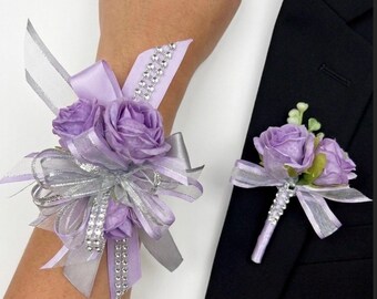 wrist corsage/lavender and silver/ lavender wrist corsage/prom wrist corsage/wedding/ maid of honor/ set wrist corsage and boutonniere