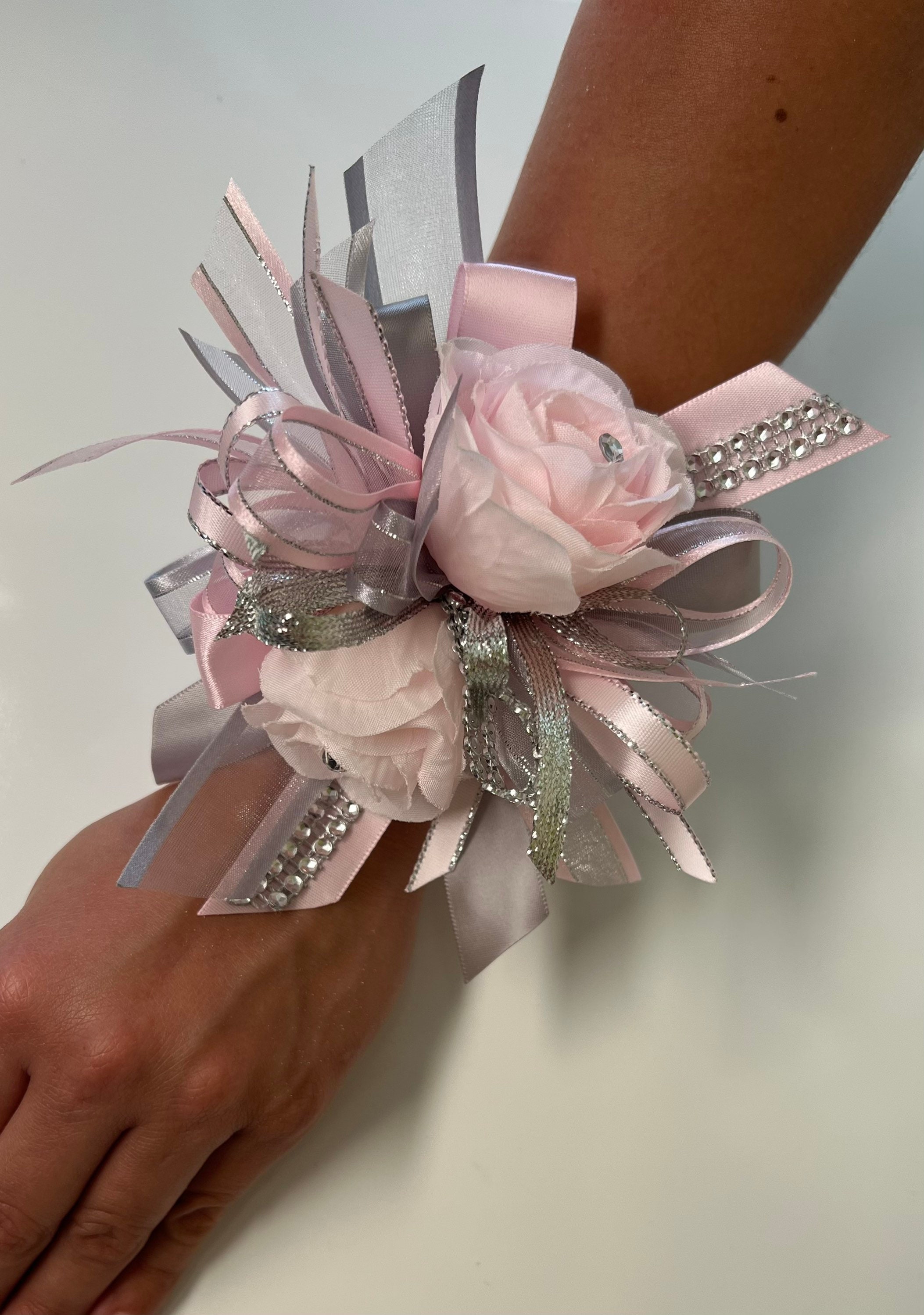 Wrist Corsage/ Light Pink and Silver Wrist Corsage/ Silver and
