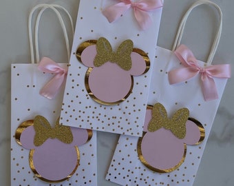 Party favor bag/Minnie Favor Bags/gold  and light pink  favor bags/ baby shower favor  bags/ Minnie mouse theme / Favor  bags/3 BAGS
