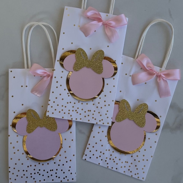 Party favor bag/Minnie Favor Bags/gold  and light pink  favor bags/ baby shower favor  bags/ Minnie mouse theme / Favor  bags/3 BAGS