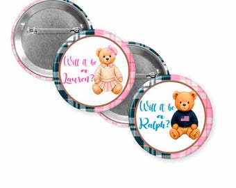 Gender Reveal Party Buttons/polo bear theme/ polo bear gender reveal/ Ralph or Lauren/ teddy bear polo/ Ralph Lauren baby shower