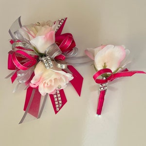 Wrist Corsage/ Corsage/ Silver and Hot Pink / Prom Wrist Corsage