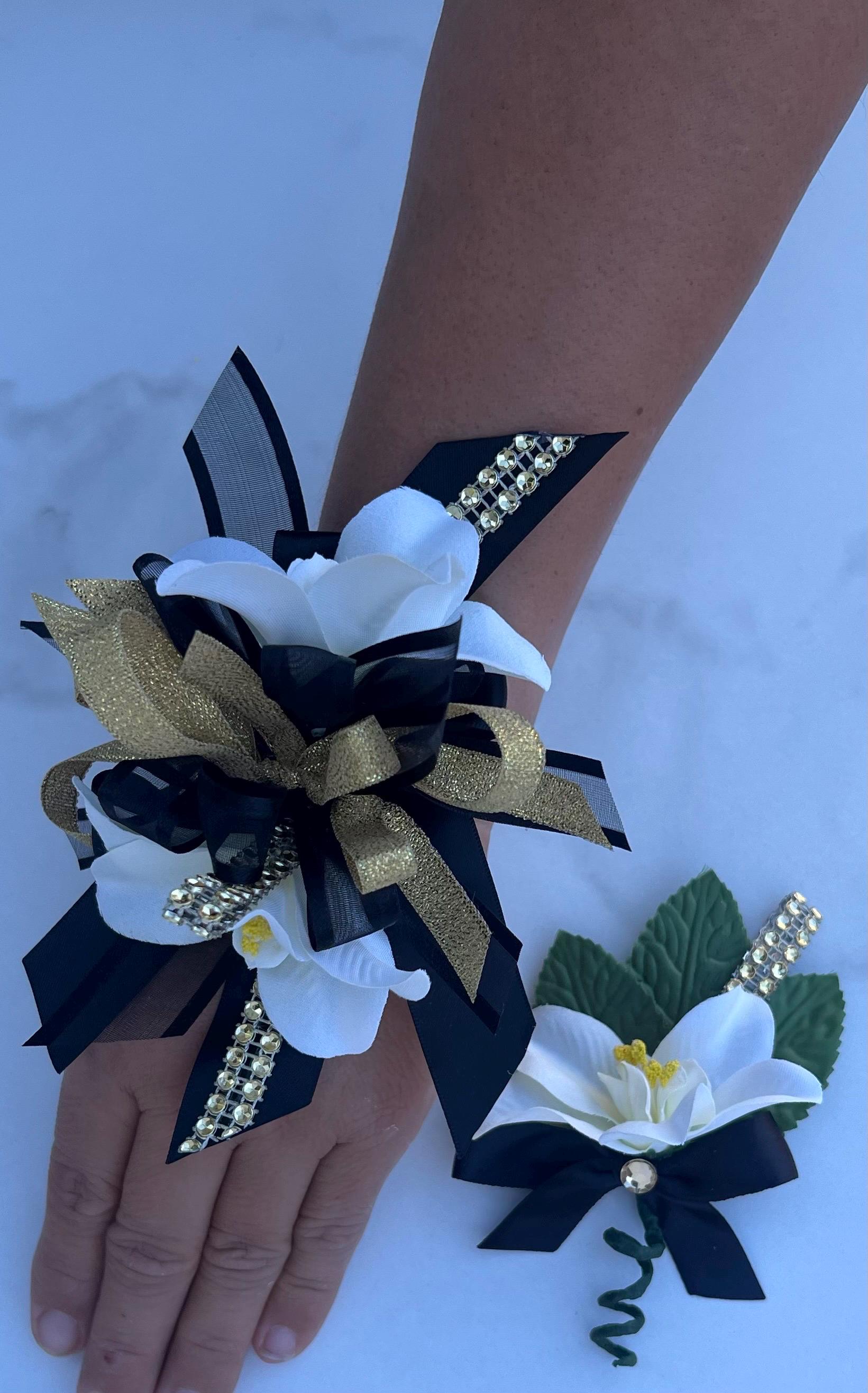 Gold & Black Corsage: Prom Wrist Accessory, Artificial Flowers/wrist Corsage  and Boutoniere/ Prom/wrist Corsage Black and Gold - Etsy
