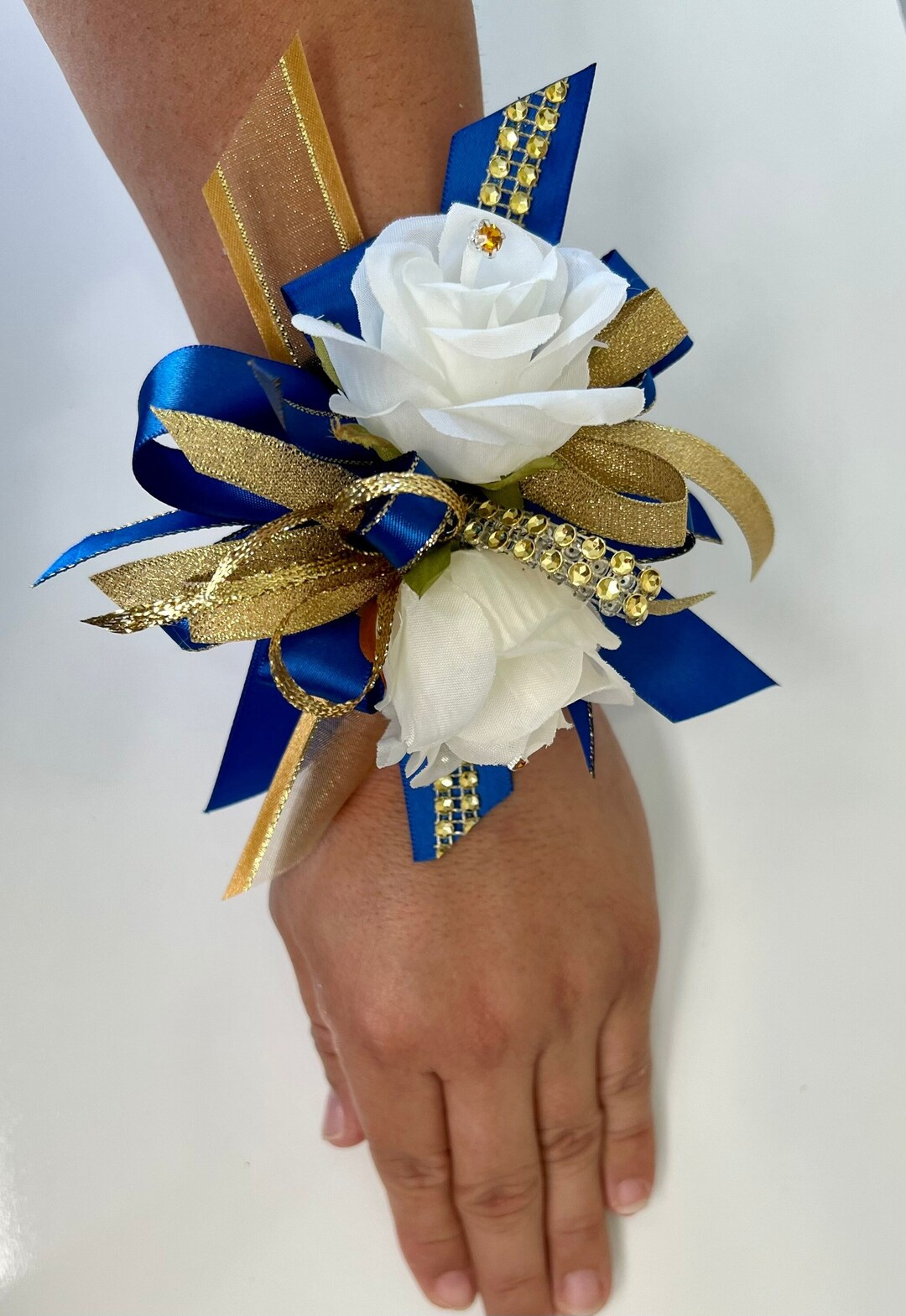 Wrist Corsage/ Royal Blue/ Gold / Prom Corsage/ Wedding/maid of Honor