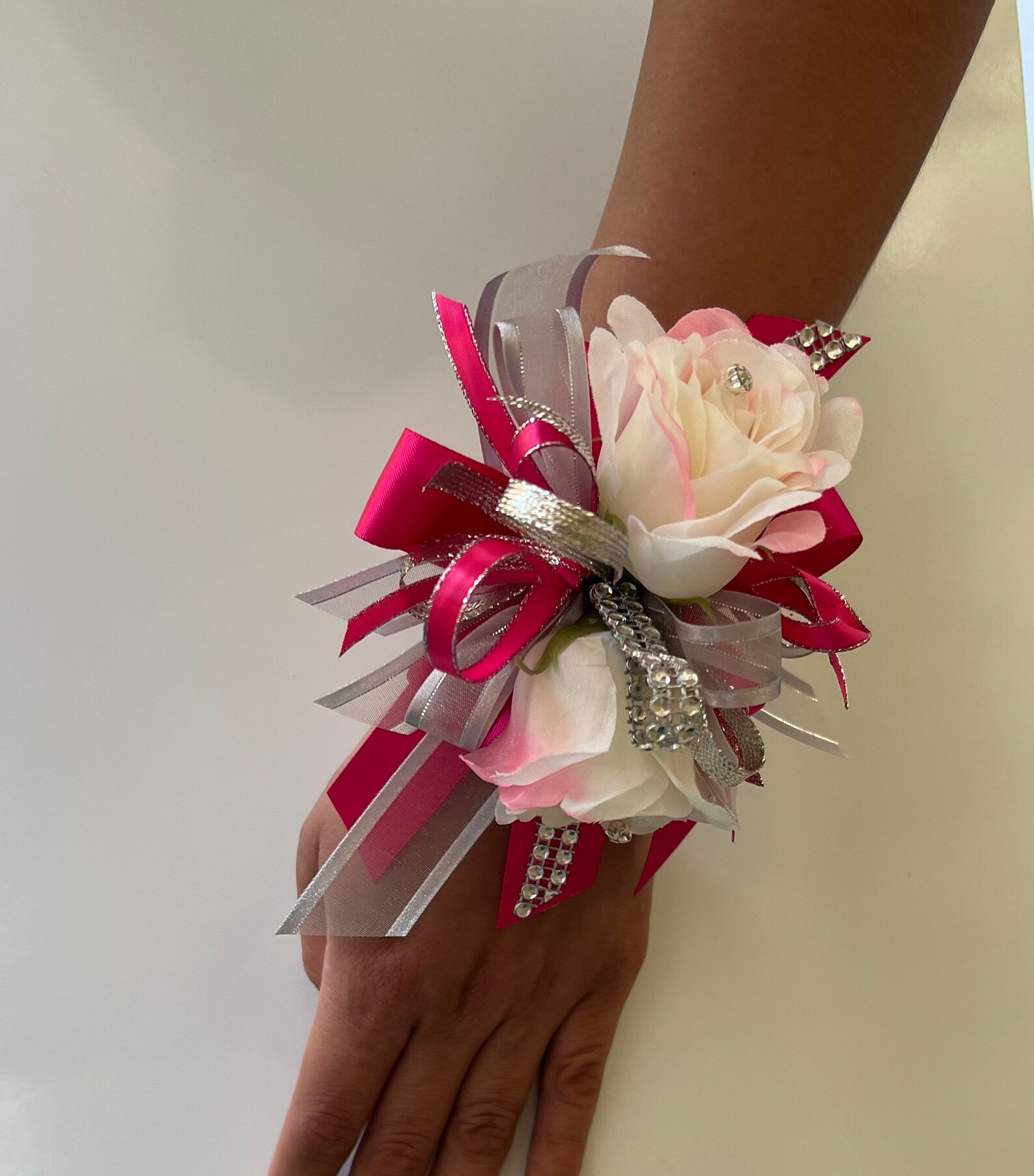 Wrist Corsage/ Corsage/ Silver and Hot Pink / Prom Wrist - Etsy