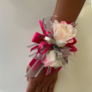 Wrist Corsage/ Corsage/ Silver and Hot Pink / Prom Wrist Corsage ...