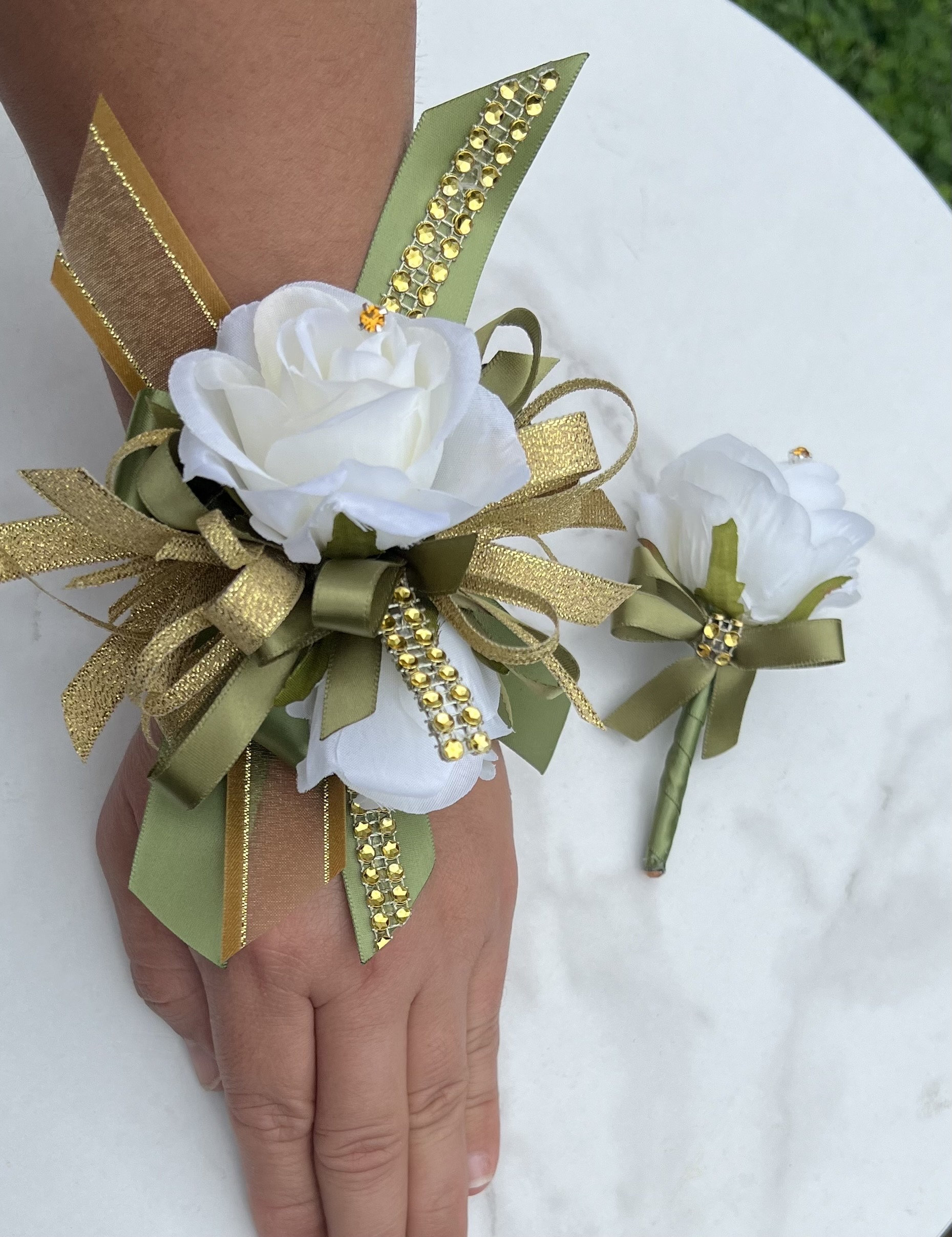 Wrist Corsage/sage Green and Gold / Wrist Corsage/prom Wrist Corsage/wedding/  Greenery/ Bride/ Wrist Corsage and Boutoniere - Etsy
