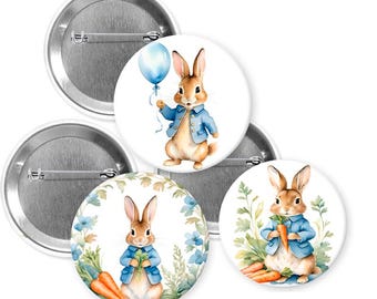 Peter Rabbit/ rabbit pins buttons/ bunny pins buttons/ birthday party buttons/Bunnies
