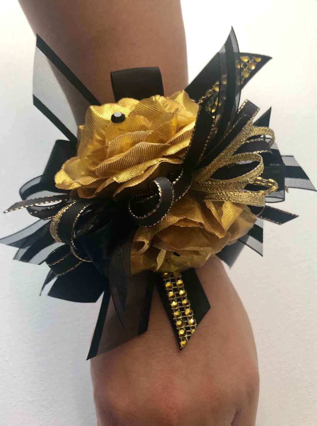 Gold and Black Wrist Corsage/ Black and Gold Corsage/ Prom Corsage