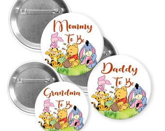 winnie/winnie the pooh/honey/ bee/ mommy to be/ baby shower/ winnie the pooh/ birthday/ winnie and his friend/pins buttons
