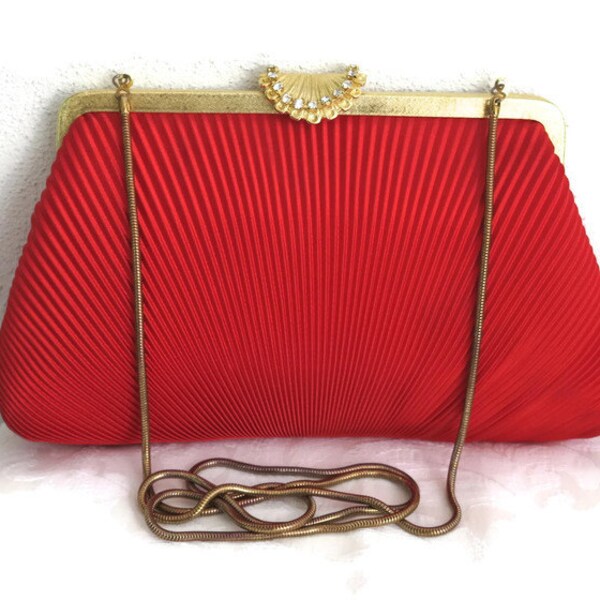SALE ITEM - Red pleated fabric handbag, gold frame, long gold snake chain, gold metal shell closure with rhinestones, circa 1960s