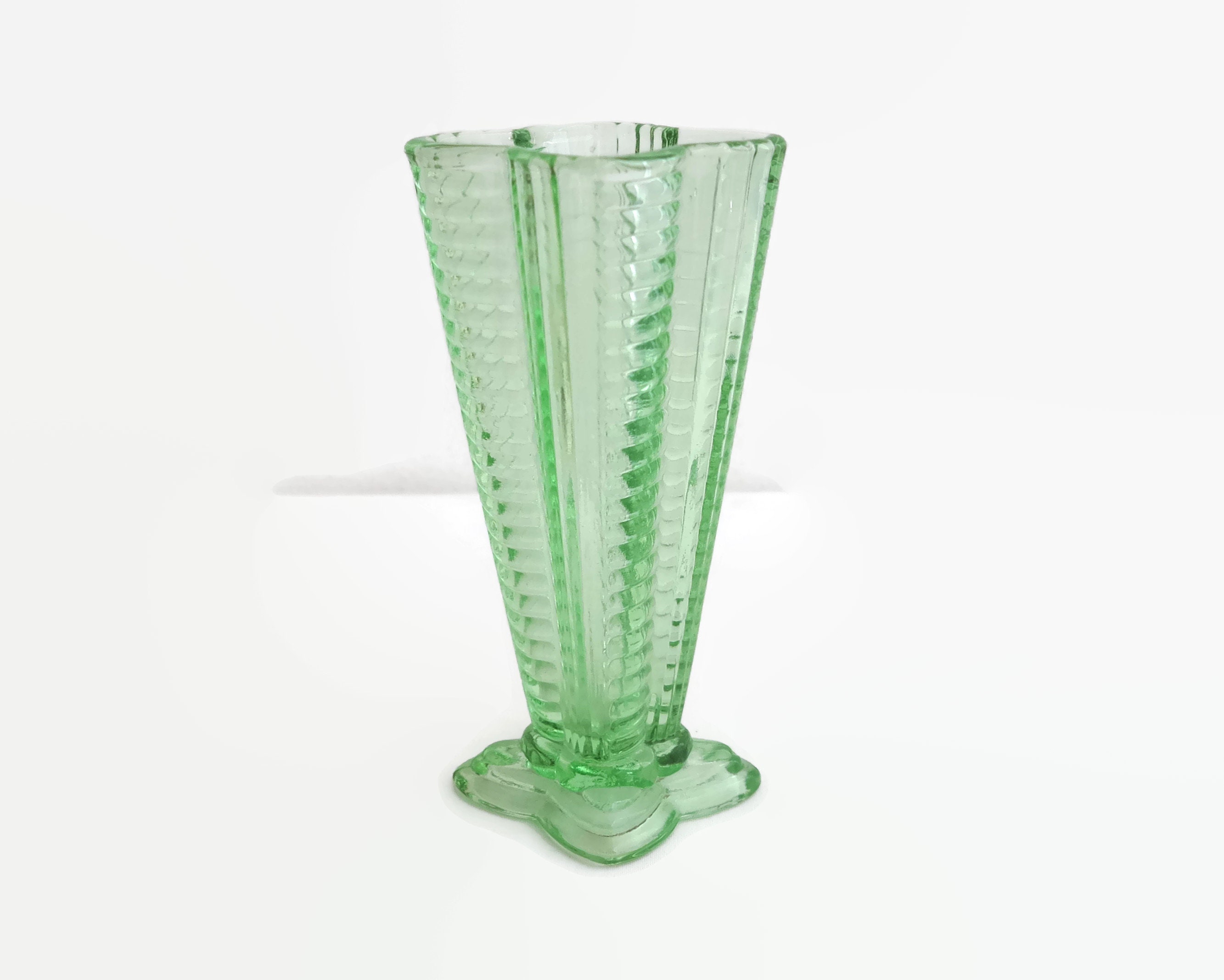 Green Depression Glass Vase With Ribbed Sides And Rounded Corners
