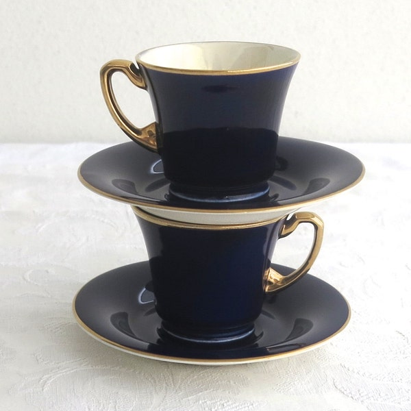 2 demitasse cups and saucers, cobalt blue with gilt and cream luster inside cups, Crown Devon Fielding's, England, mid 20th century