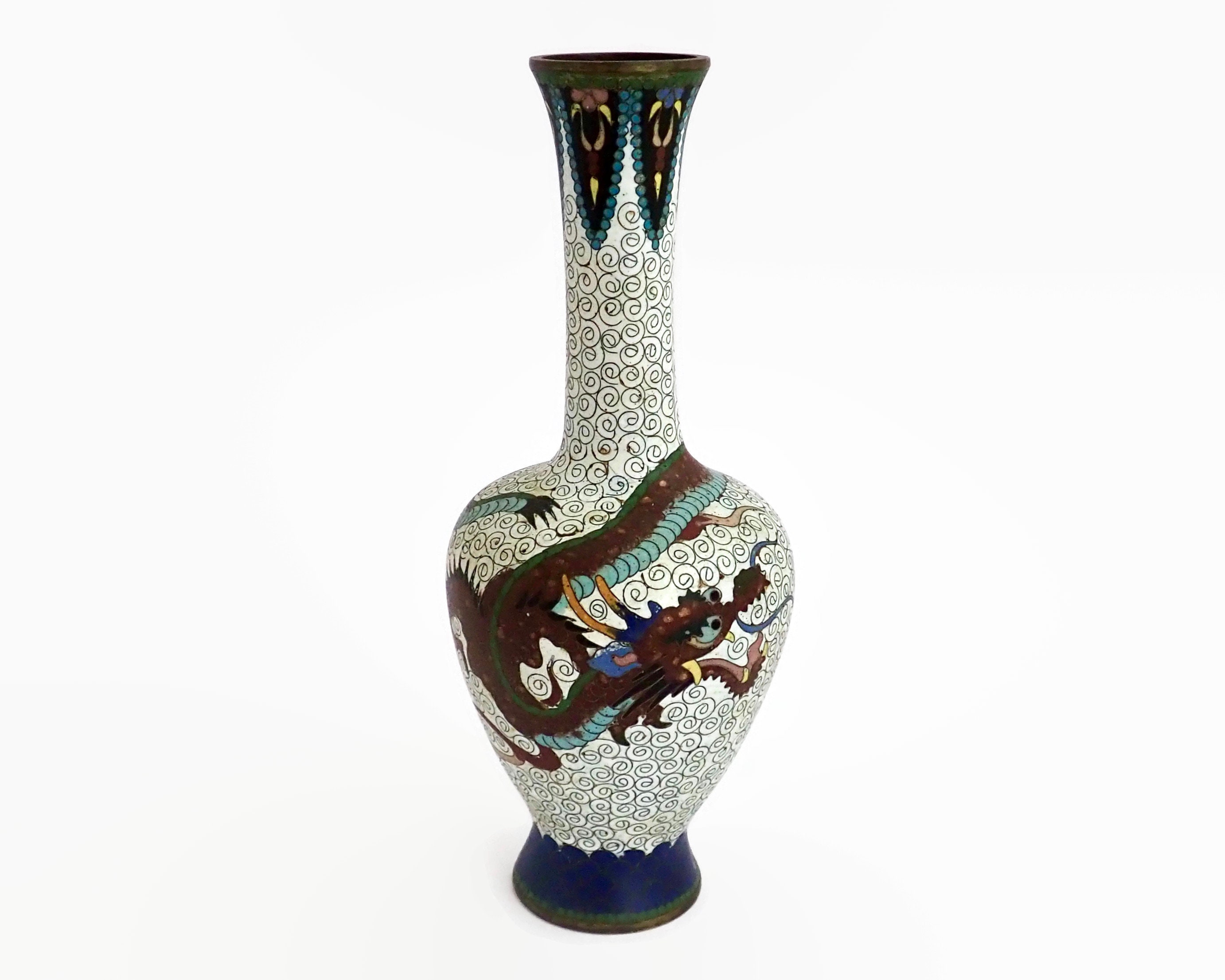 Antique Japanese Cloisonne Dragon Vase With Art Nouveau Motifs
