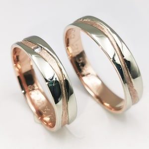 Alliances en or massif 14k bicolores, bandes de style européen, alliances Wave, alliances en or bicolore, bague de mariage pour elle et lui