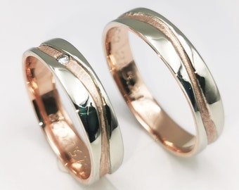 Two tone 14k solid gold wedding rings, European Style Bands, Wave wedding rings, Two tone gold wedding bands, His and her wedding ring