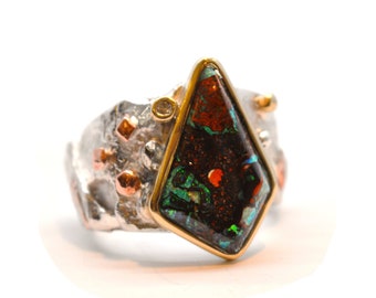 Unique Ring with Gemstone and Diamond One of a Kind Artistic Ring Ring with Opal Unique Woman Ring Boulder Opal Ring Unique Gift for Her