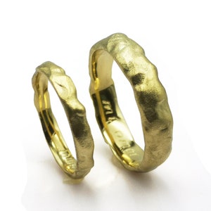 Molten Wedding Band Set for Men or Women 14Kt Solid Gold 5 mm and 3 mm wide Melted Wedding Ring Rustic wedding band Organic shape band