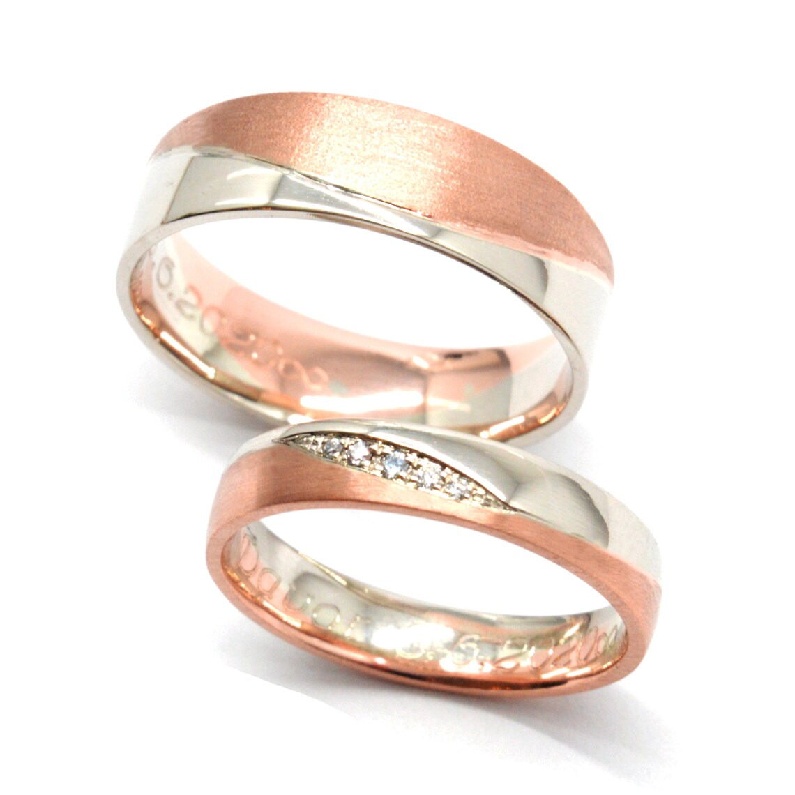 Two Tone 14k Solid Gold Wedding Rings, Wide Wedding Bands, Wave Wedding