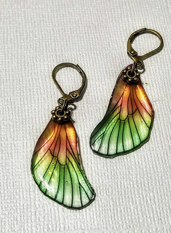 Iridescent Orange/Green Mini Dragonfly Wings Earrings