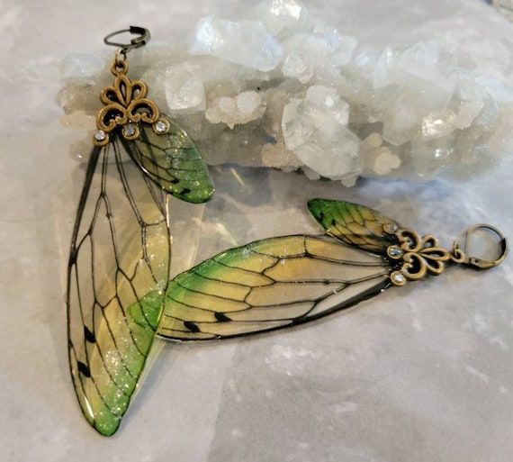Iridescent large FAIRY Wings Earrings - Lemon Lime