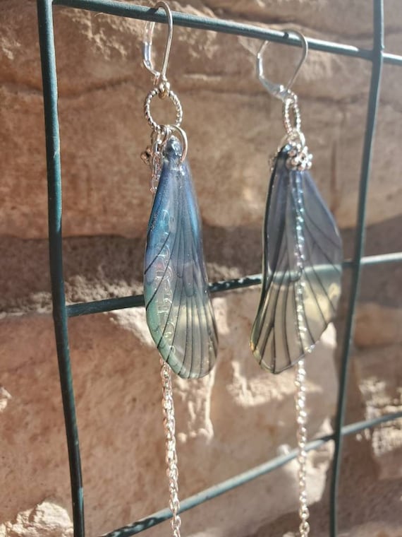Iridescent Single Dragonfly Wing Earrings - Smoke On The Water