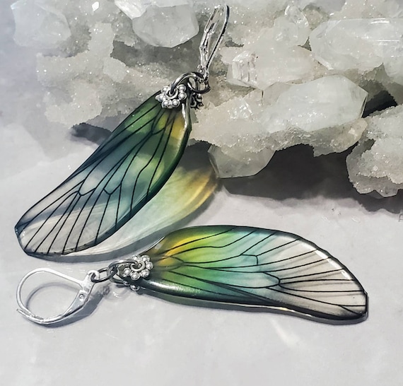 Iridescent Single Dragonfly Wing Earrings. Bronze or silver - Sea Foam