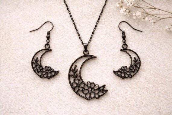 Flowering Vine and Moon Earrings and Necklace