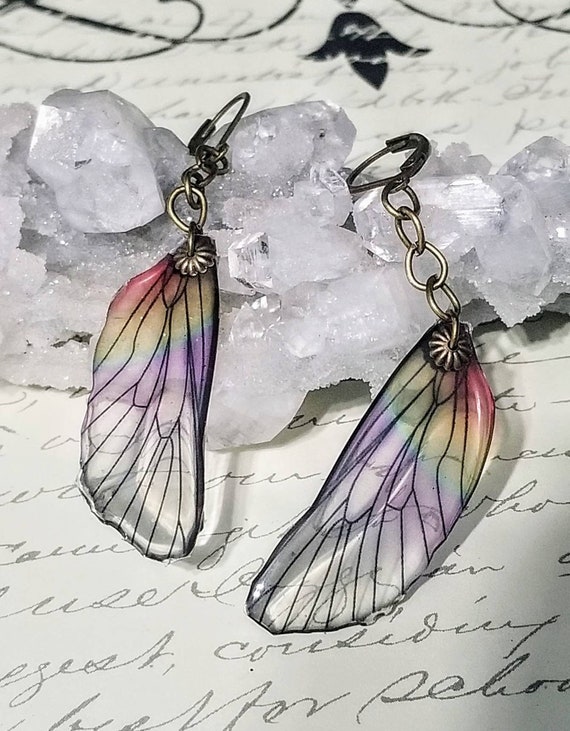 Iridescent Single Dragonfly Wing Earrings - Rainbow Mist