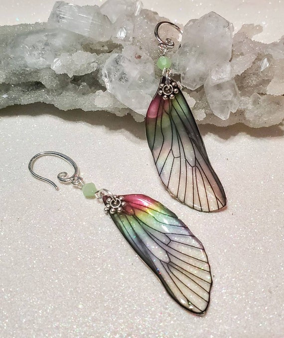 Iridescent Single Dragonfly Wing Earrings - Sweet, Soft Rainbow