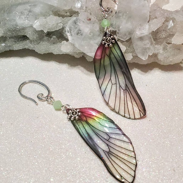 Iridescent Single Dragonfly Wing Earrings - Sweet, Soft Rainbow