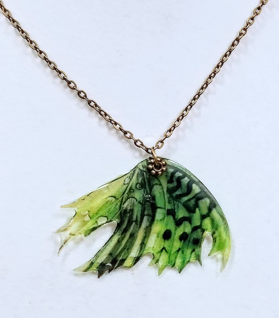 Feathered Fairy Wings, Mossy Green - Necklace
