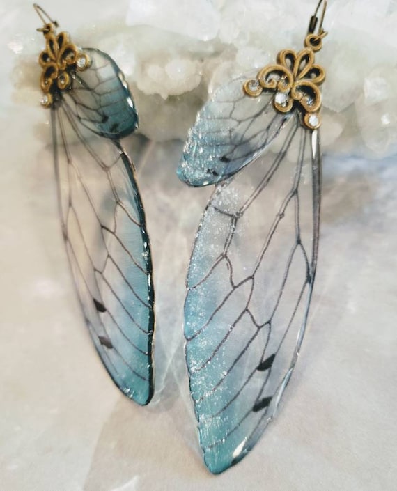 Iridescent large FAIRY Wings Earrings - Ice Storm
