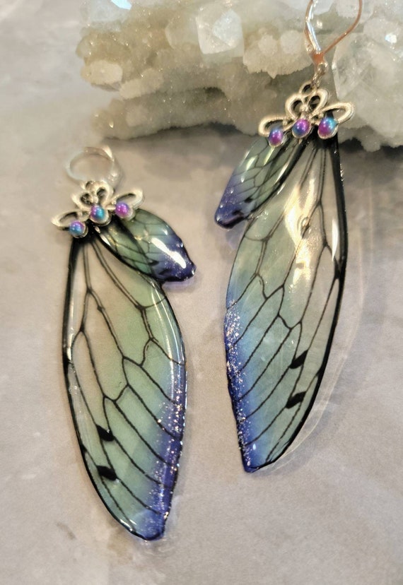 Iridescent large FAIRY Wings Earrings - Winter Lake